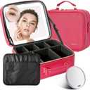 Mocado Travel Makeup Bag with LED Lighted Mirror, Travel Makeup Organizer, Makeup Case with 3 Color Lighted Setting and 10x Magnifying Mirror, Portable Storage and Adjustable Dividers Makeup Box(Red)