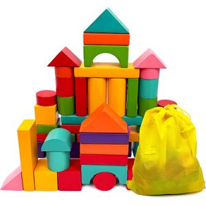 Cheardia 100 Pack Wooden Building Blocks, Standard Colored Natural Blocks with Storage Bag for Playing, Parties Hands for Indoor Activity Play