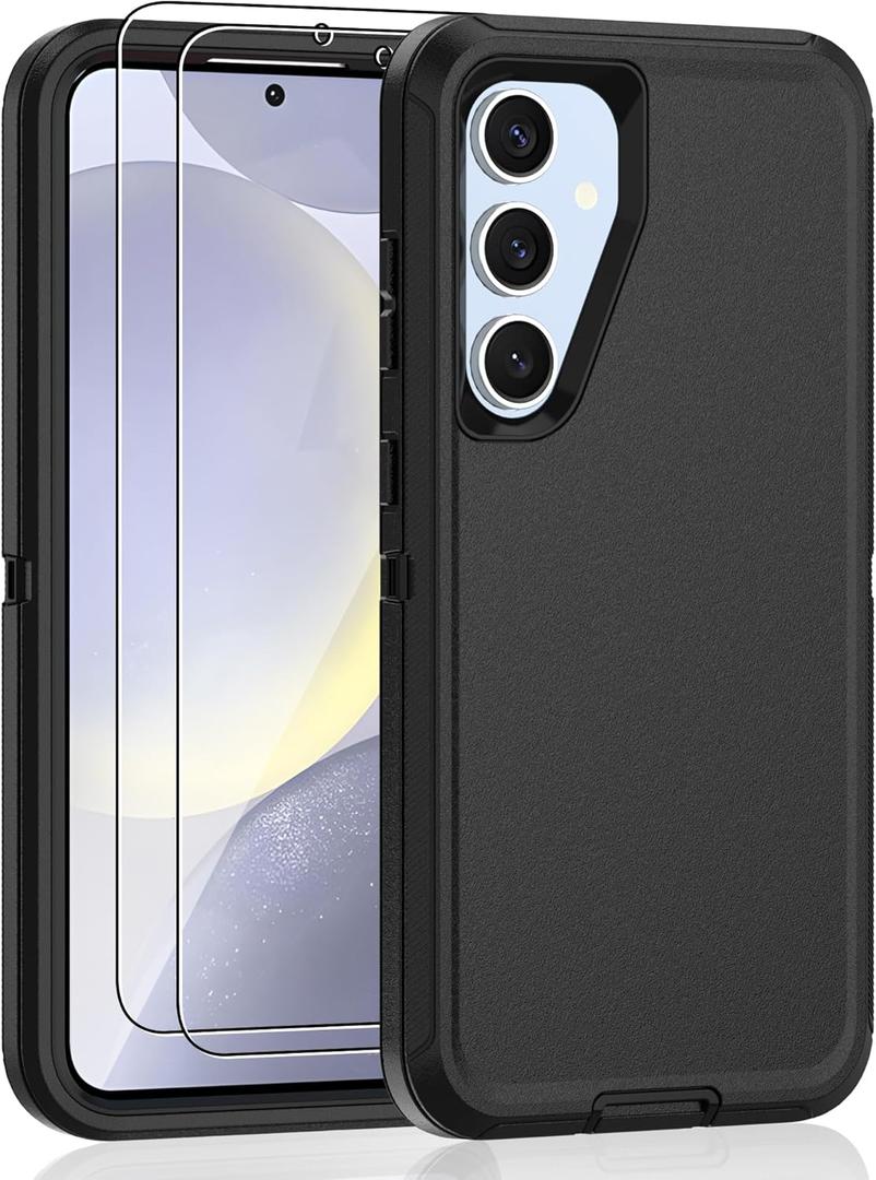 for Samsung Galaxy S25 Plus Case, S24 Plus with [2 Pack] HD Screen Protector, [Military-Grade] Shockproof Dust/Drop Proof 3-Layer Full Body Protection Heavy Duty Case for S25+/ S24+, Black
