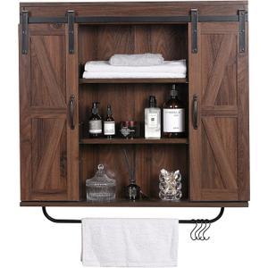 RUSTOWN Rustic Wood Wall Storage Cabinet with Two Sliding Barn Door, 3-Tier Decorative Farmhouse Vintage Cabinet for Kitchen Dining, Bathroom, Living Room, Dark Walnut