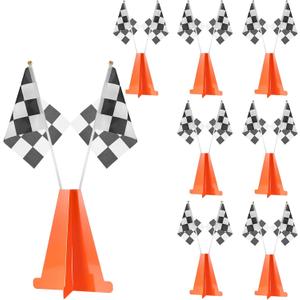 Racing Car Party Decorations Include 6 Orange Traffic Cones and 12 Checkered Flags Mini Black and White 7 Inch Cardboard Cones for Race Car Theme Birthday Party Decorations