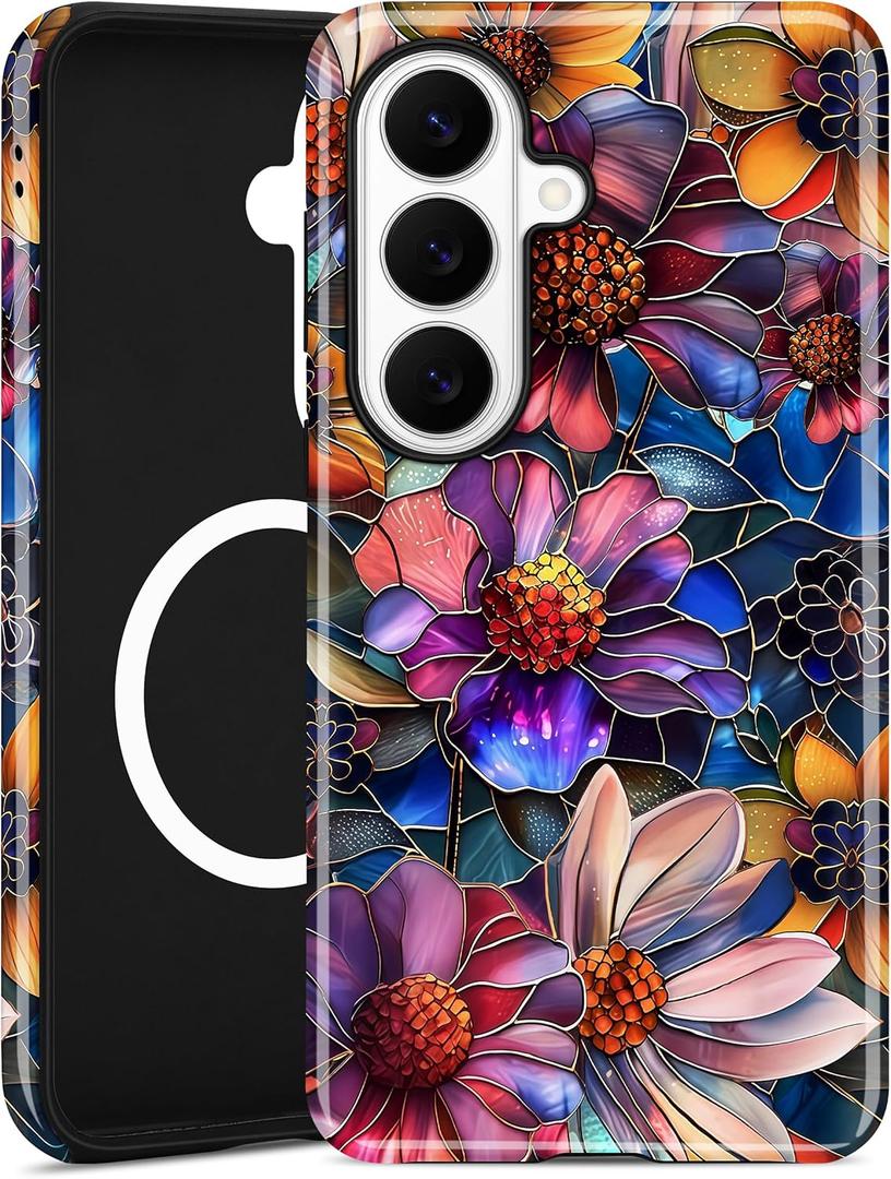 Compatible with MagSafe Case for Samsung Galaxy S26 Ultra, Cute Aesthetic Stained Glass Flower Magnetic Soft TPU and Hard PC Protective Phone Cover for Women Girls - Vividly Colored Floral