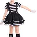 Colorful House Girls' Mime Costumes Black and White Clown Pantomime Suspender Dress Role playing 4Pcs (L, 10-12Y)