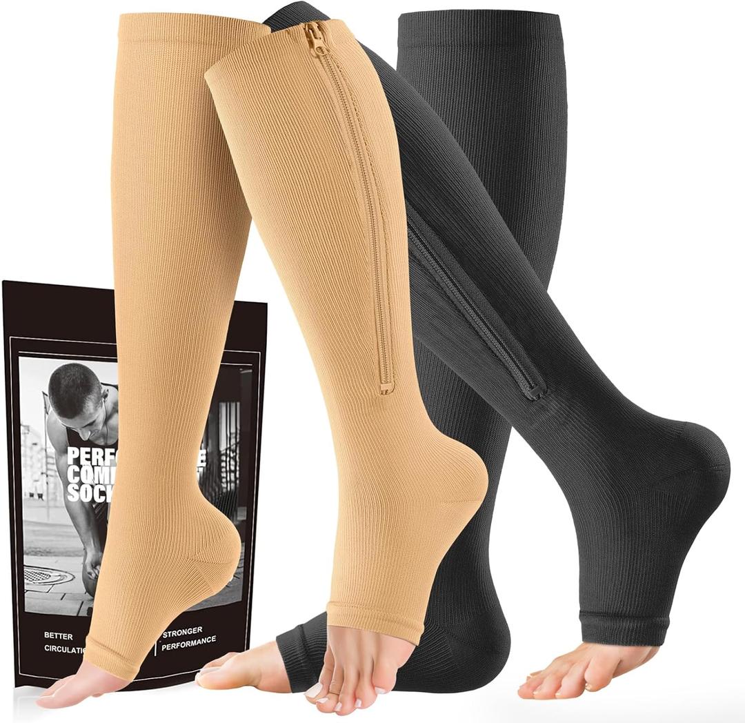 cerpite Zipper Compression Socks - 2 Pairs Open Toe Compression Stockings for Men Women 15-20mmHg,Suit for Running, Sport (Small-Medium)