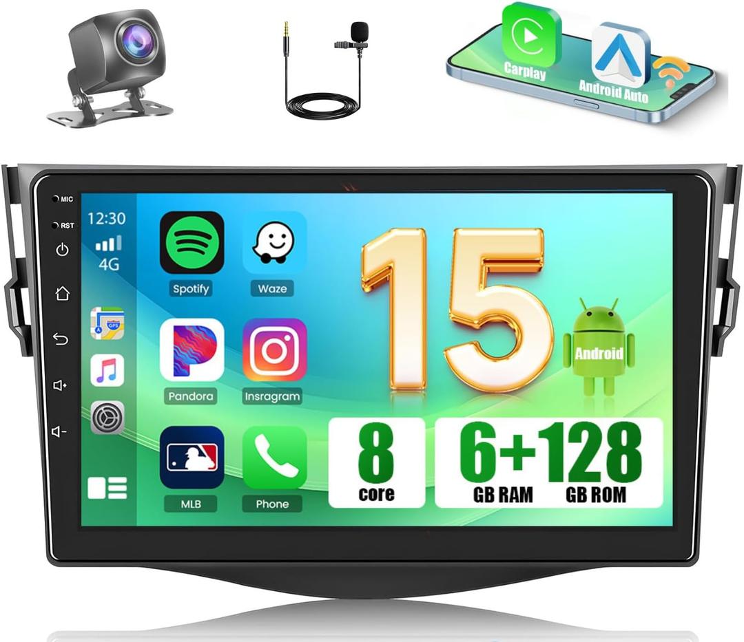 [8-Core 6+128GB] Android 15 Car Stereo for Toyota RAV4 2007-2012, Hikity 9'' Touch Screen Radio Wireless Carplay Android Auto Bluetooth GPS 5G WiFi 32EQ/DSP/FM/RDS MIC Backup Cam Mirror Link 59UI