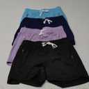4 Pack Youth Girls Athletic Shorts 3", Girls Soccer Shorts, Kids Workout Gym Clothes Activewear Apparel with Zipper Pockets (Large, Set 2: Lavender/Baby Blue/Navy/Black)