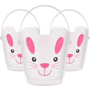 Zcaukya Easter Buckets, Set of 3 Plastic Easter Bunny Baskets with Handles, Empty Plastic Easter Pails for Kids Easter Egg Hunt Party Favors