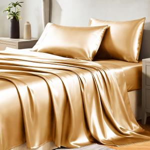 CozyLux Satin Sheets Full Size Sheets - 4 Piece Silky Full Size Bed Sheets, Luxury Gold Full Bed Set with Smooth and Soft Microfiber, Includes 1 Fitted Sheet, 1 Flat Sheet and 2 Pillowcases