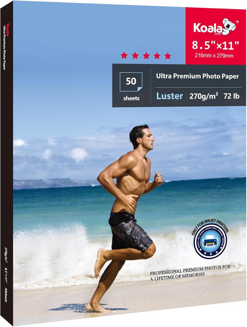 Koala Ultra Premium Photo Paper 8.5 x 11 In Luster Photo Printer Paper for Inkjet Printer Water-Resistant Soft Gloss 72 lb 50 Sheets