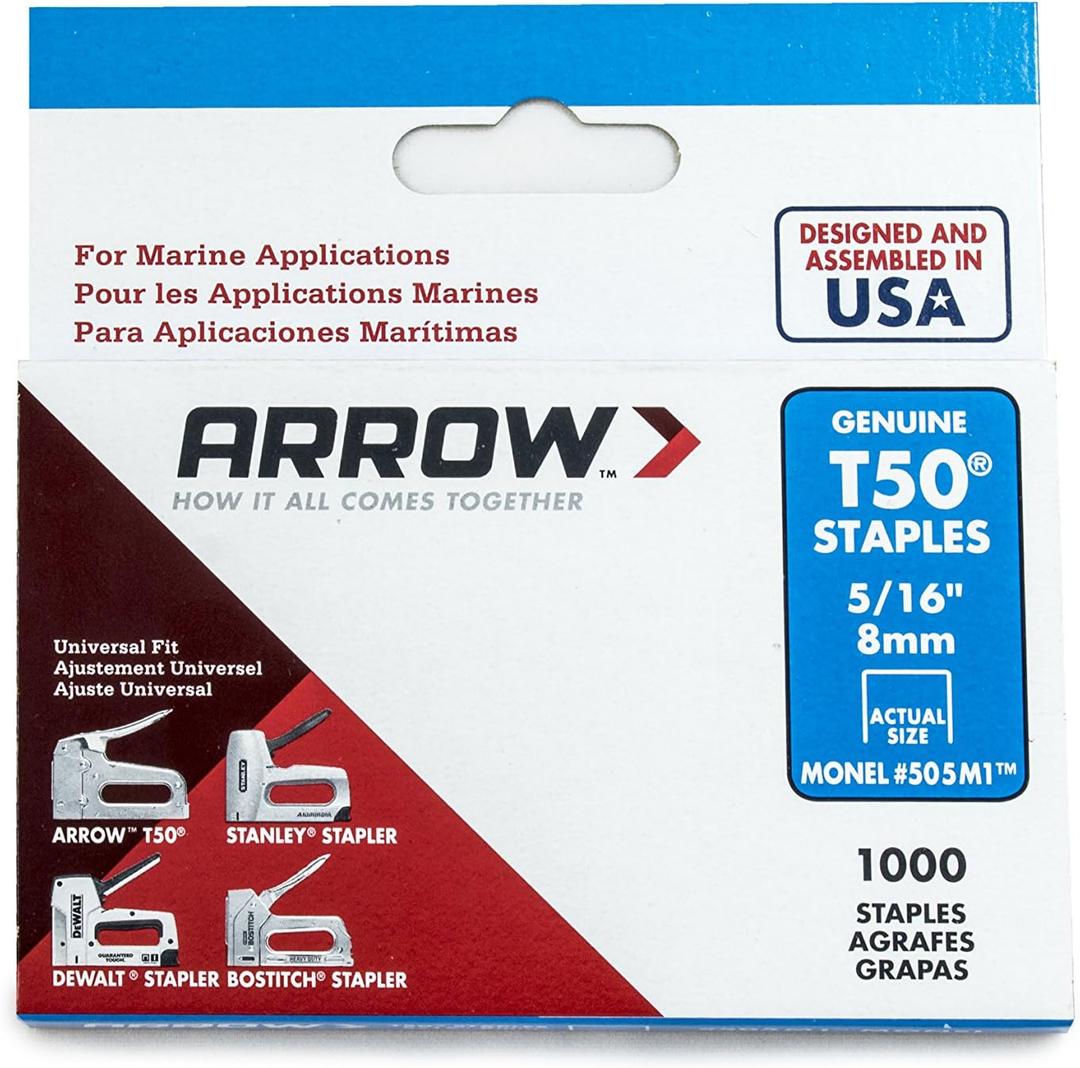 Arrow Fastener 505M1 Heavy Duty T50 Monel Staples for Marine Applications, 5/16-Inch Leg Length, 3/8-Inch Crown Size,1000-Pack