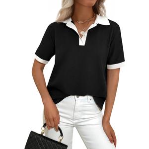 PRETTYGARDEN Summer Short Sleeve Polo Shirts for Women Collared V Neck Work Dressy Tops Knit Loose Business Casual Outfits (Black, S)