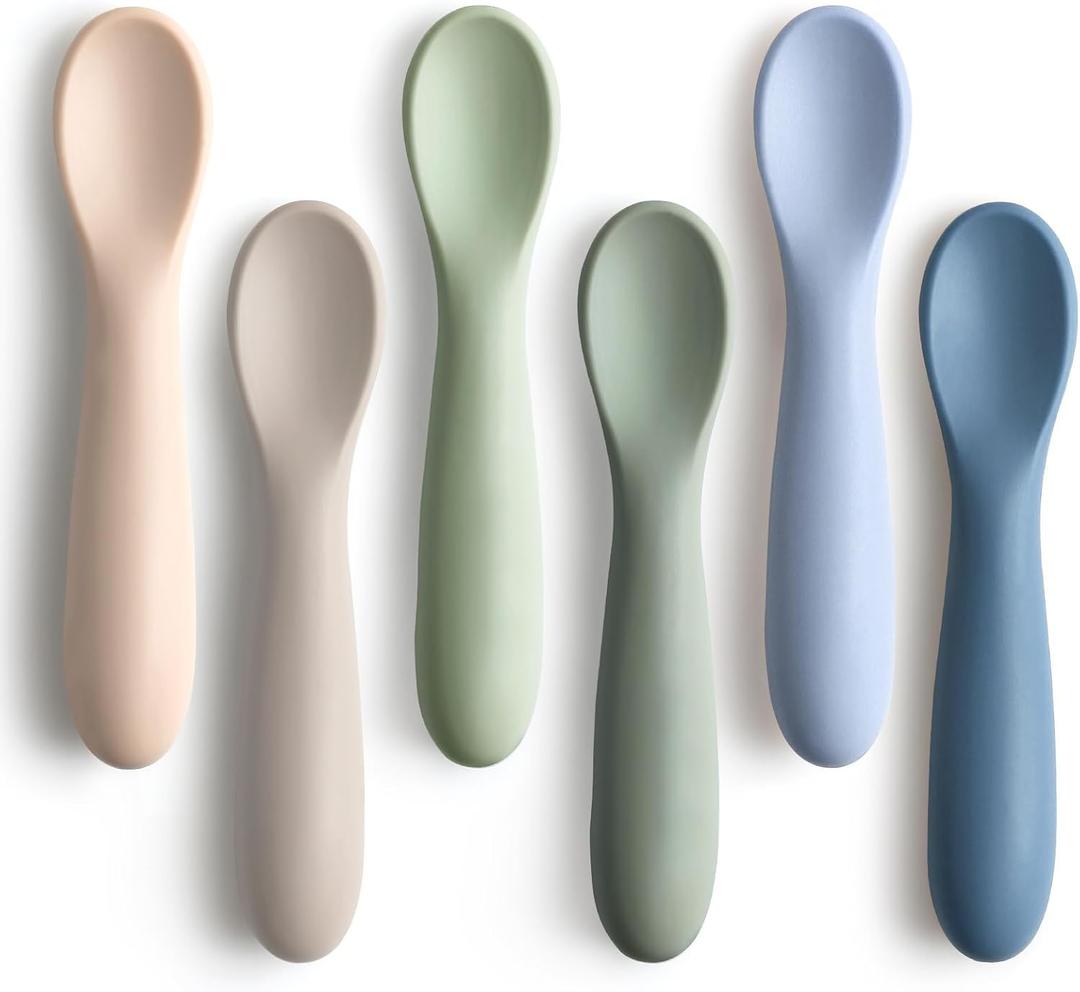 6 Pack Baby Spoons, First Stage Spoons, Shorter Length for Self Feeding, 6+ Months, Baby Training Spoons, Food Grade Silicone, Dishwasher Safe & Boil-proof