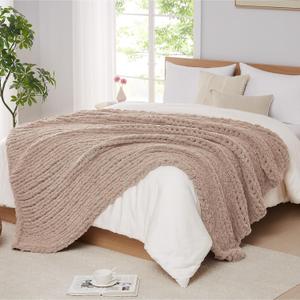 L'AGRATY Chunky Knit Blanket Throw: 60''x80'' Chenille Chunky Knitted Throw Blankets for Bed Couch - Handmade Thick Big Cable Knit Blanket - Large Crochet Rope Blankets for Home Decor(Light Taupe)