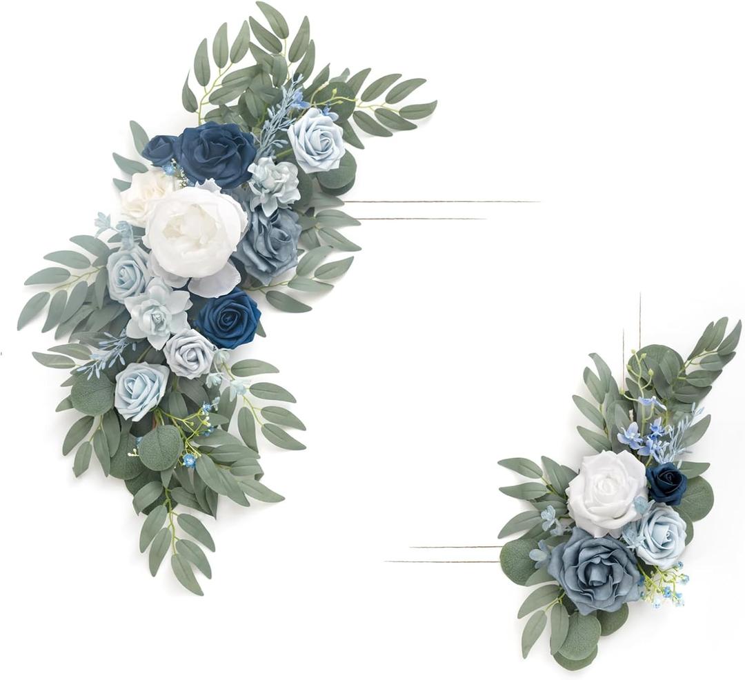 Ling's Moment 2pcs Artificial Welcome Sign Swag Wedding Arch Flowers Decorations Floral Eucalyptus Willow Garland Dusty Blue & Navy Rose Ceremony Party Reception Easel Door Wall Home Entryway Outdoor