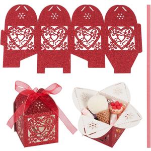 Cheriswelry Red Hollow Candy Boxes for Wedding 10pcs Small Favor Gift Boxes for Christmas Laser Cut Heart Paper Thank You Gift Box for Event Bridal Anniversary Birthday 2" x 2" x 3.15"