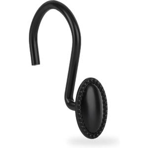 Shower Curtain Hooks, Set of 12, Black, Zinc, Rust Resistant, Decorative, Matte Black, Regular Size, Suitable for Standard Straight or Curved Shower Curtain Poles