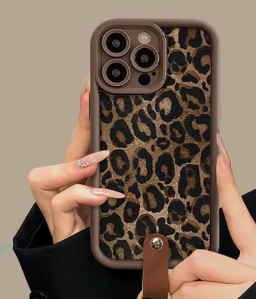 Silicone Case for iPhone 16 Pro with Finger Hand Wrist Strap Kickstand Stylish Leopard Cheetah Phone Case for Women Men Slim Shockproof Protective Cover, Brown
