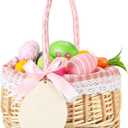 Easter Egg Basket Wicker Picnic Basket Tote Bags with Name Tag Wooden Egg Easter Candy Storage Wine Basket with Handle Gathering Wedding Gift Baskets for Party Supplies(Pink)