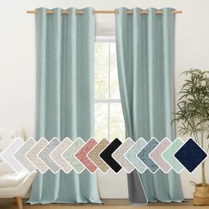 NICETOWN 100% Absolutely Blackout Linen Curtains with Thermal Insulated White Liner, Seafoam Green, 52" Wide, 108" Length Energy Saving Curtains for Living Room 2 Panels Set, Vertical Blinds