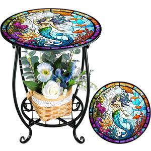 Cinnvoice Outdoor Side Table Round Small Mosaic Patio Accent Indoor End Plant Coffee Tea Table for Yard Patio Porch Garden Living Room, Bedroom(Mermaid Style,14 Inch)