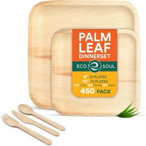 ECO SOUL Palm Leaf Like Bamboo Plates Combo Pack, 6 & 10 Inch, Square, 450 Pack, Party Plates Set Bamboo, Heavy Duty, Compostable, Biodegradable Disposable Wood Dinnerware for Appetizer and Dinner