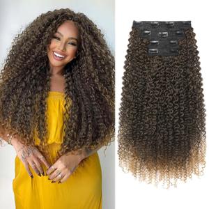 FLUFYMOOZ Clip in Hair Extensions, 20" 4PC 100％ Pure Protein Silk Hair Extensions for Black White Women Long Soft Curly Hair Extension Hairpiece(Brown to Dirty Blonde)