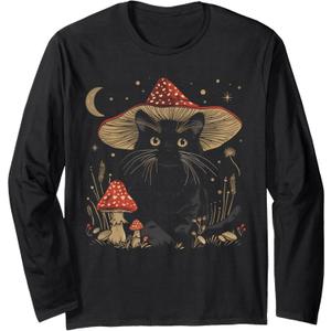 Cottagecore Aesthetic Black Cat Mushroom Hat Witchy Floral Long Sleeve T-Shirt (XL) Blac