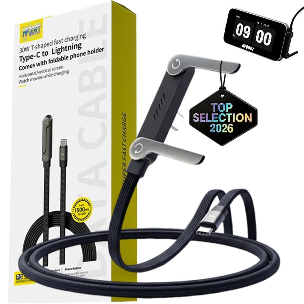 2-in-1 Invisible Holder Charger Cable  240w Fast Charging Cord with Built-In Phone Stand, Three Types of Connectors, 5ft Tangle-Free Nylon Cables, Universal Compatibility (TYPE-C to Lightning)