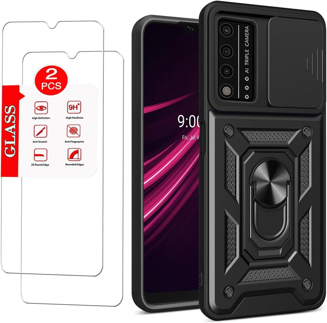 For T-Mobile REVVL V Plus 5G Case with [2 Pack] Tempered Glass Screen Protector, For TCL T-Mobile Revvl V+ 5G [Military-Grade] Protective Lens Protects Magnetic Kickstand Car Mount Phone Case