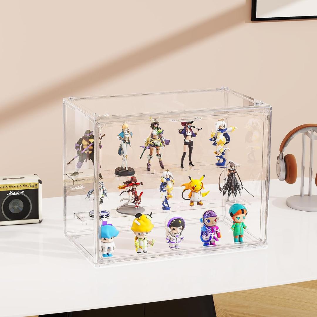 Clear Acrylic Blind Box , 3 Tier Acrylic Display Case for Figures, Dustproof Display Box with Magnetic Door and Riser Shelf , Stackable Display Cases for Collectibles, Figures, Toy(1 Pack)