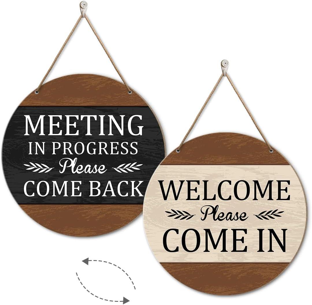 In A Meeting Sign for Office Door, Meeting In Progress Office Door Sign, Welcome Please Come In Round Double Sided Wood Signs Decor
