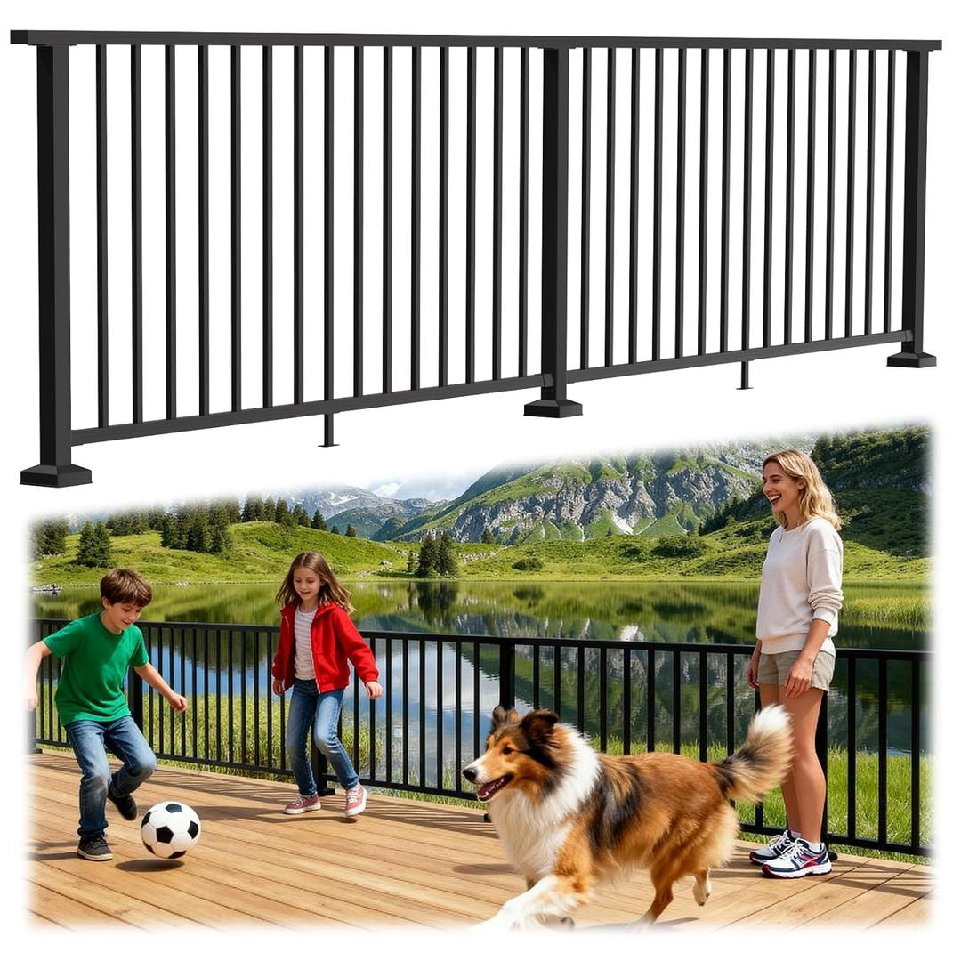 Modular Complete 36 in. H x 6-12ft W 6063 Aluminum Deck Railing Kit with Continuous Top Rails, Length Cuttable Easy DIY, Full Textured Matte Black Railing System for Decking(2 Panel, 3 Post)