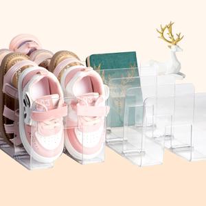 2PACK Clear Acrylic Kids Shoe Rack for Closet Organizers and Storage, Small Clear Shoe Rack 4 Sections Toddler Baby Shoe Storage Organizer Stackable Shoe Shelf,Desk File Sorter Book Purse Organizer (2pcs)