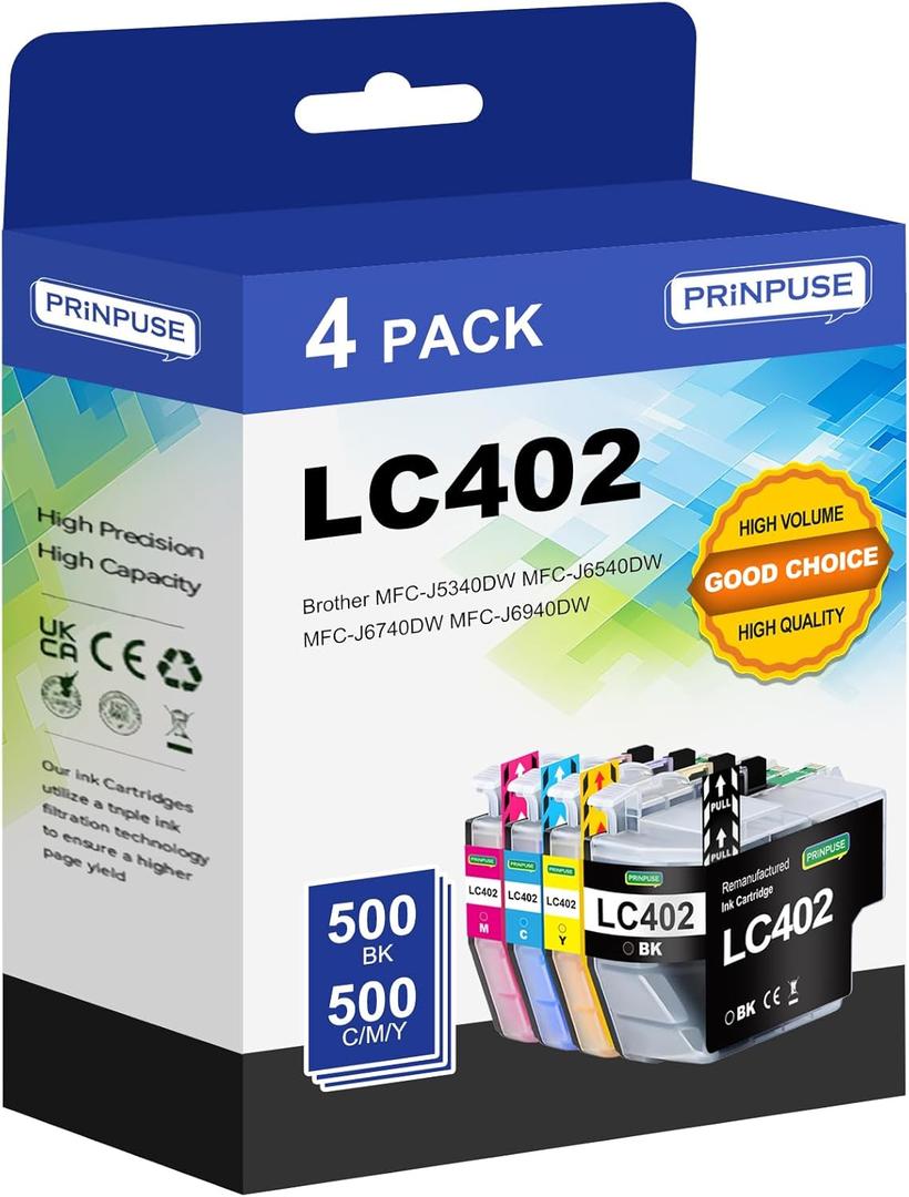 LC402 Ink Cartridges Replacements for Brother LC402XL LC402 Ink Cartridges for Brother Printer MFC-J5340DW MFC-J6540DW MFC-J6740DW MFC-J6940DW, 4 Pack