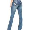 QJBMEI Women's Flower Embroidery Stretch Slim Bootcut Jeans Mid Rise Washed Denim Pants Small