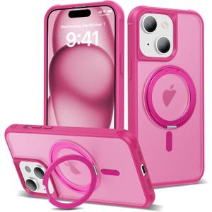 Designed for iPhone 15 Case with 360 Rotatable Magnetic Ring Stand [Compatible Mag-Safe] [Military Grade Protection] Translucent Matte Phone Cases for Women Men 6.1'', Rose Red