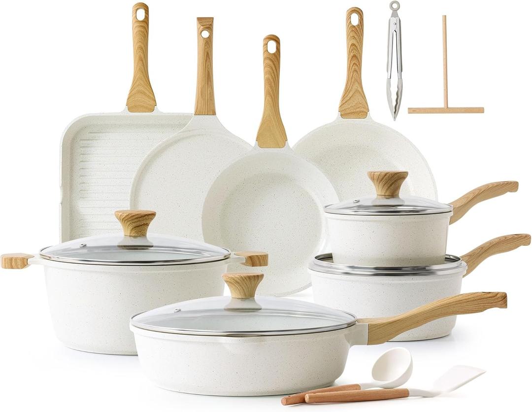 SENSARTE Nonstick Ceramic Cookware Set 23-Piece, Healthy Pots and Pans Set, Non-toxic Kitchen Cooking Set with Stay-Cool Handles, Silicone Utensils and Pot Protectors, PFAS & PFOA Free (Medium, White)