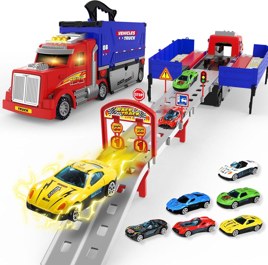 Carrier Truck Race Track Toys, Truck Toys for 3, 4, 5, 6, 7, 8 Years Old Kids, Foldable Transport Truck Toys Car with Lights & Sounds, 6 Metal Cars, Birthday Gifts for Toddler Boys Girls
