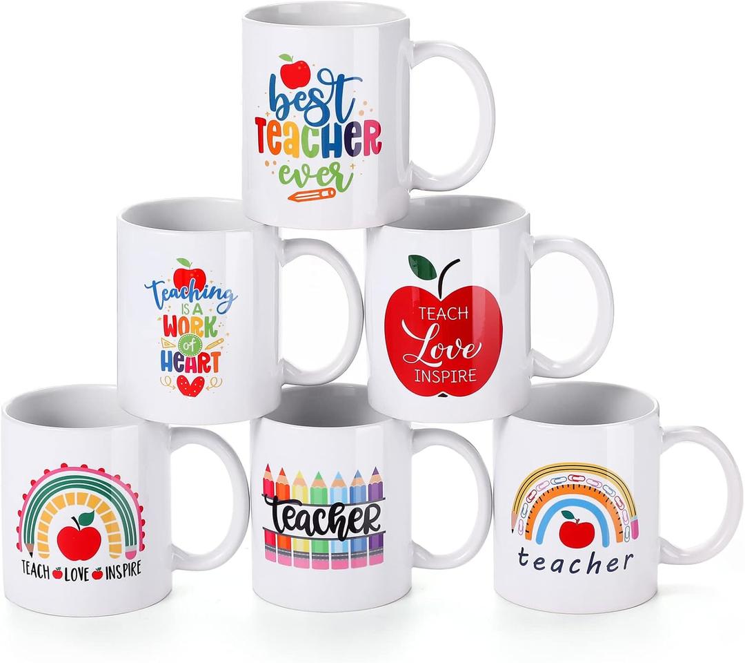 Zubebe 6 Pieces Teacher Appreciation Coffee Mugs Set 11oz Coffee Cups Sublimation Mugs Cocoa Ceramic Milk Tea Mugs Teacher Appreciation Gifts for Women Men
