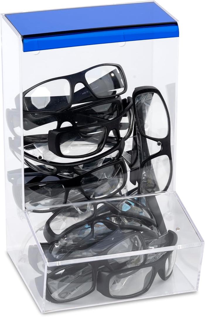 Safety Glasses Dispenser With Two Lids - Dustproof Acrylic Bin Holder for Protective Eyewear Goggles Used in Industrial, Factory and Lab Settings, Wall Mount or Countertop