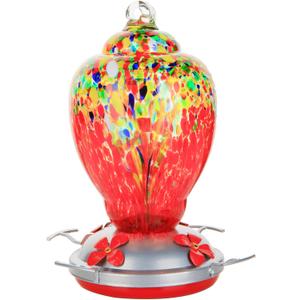 WOSIBO Hummingbird Feeder for Outdoors Patio Large 32 Ounces Colorful Hand Blown Glass Hummingbird Feeder with Ant Moat Hanging Hook, Rope, Brush and Service Card (Red-Sunrise)