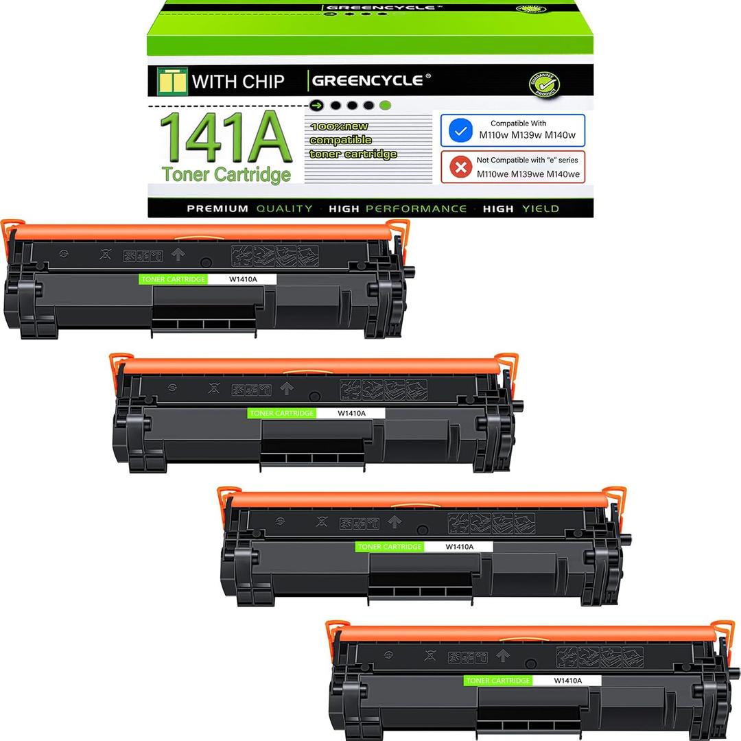 greencycle W1410A with CHIP Compatible Toner Cartridge Replacement for HP W1410A 141A Toner Cartridge use for Laser Jet Pro M110w MFP M140w M139w Printer(4 Pack,Black,with chip)