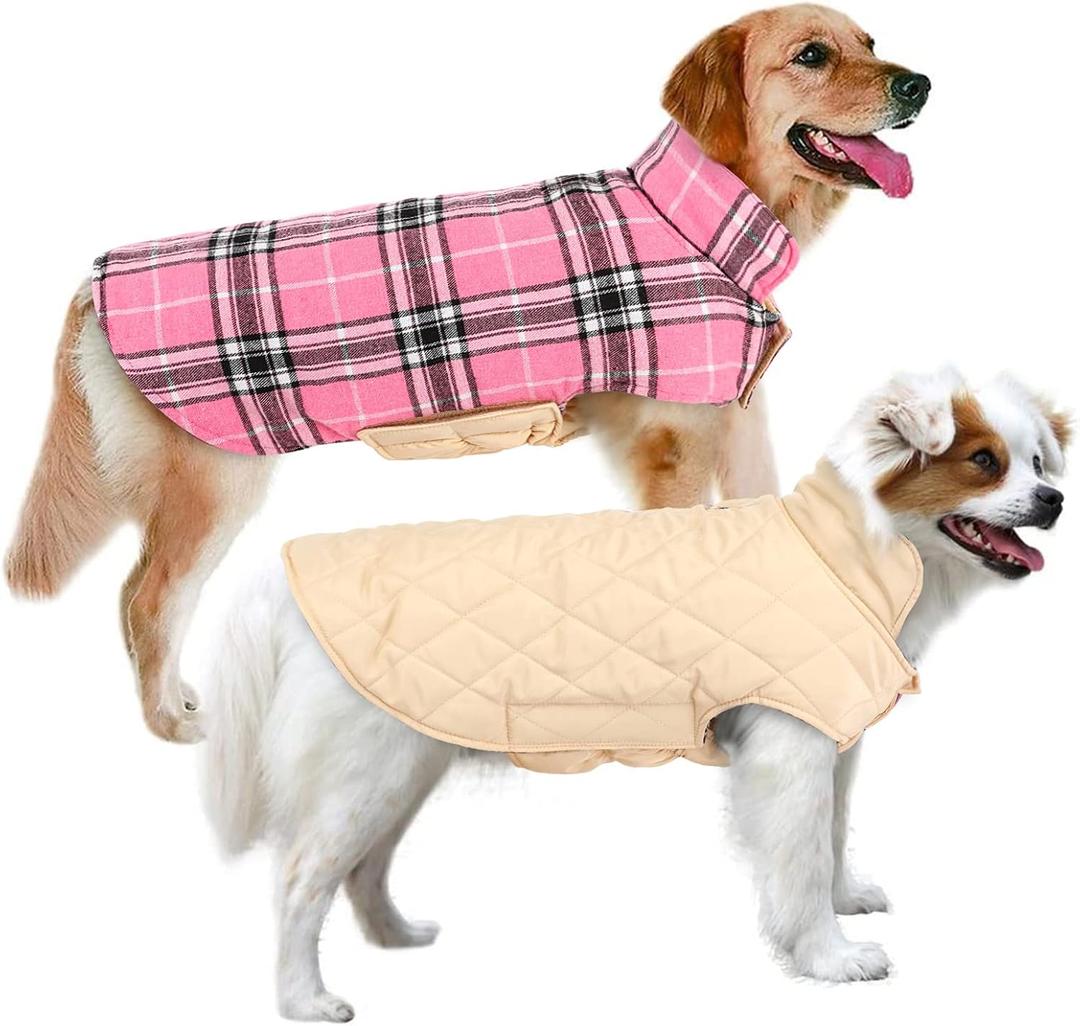 MIGOHI Winter Dog Jackets, Reversible Windproof Waterproof, British Plaid Coat for Small Medium Large Dogs, Pink, L