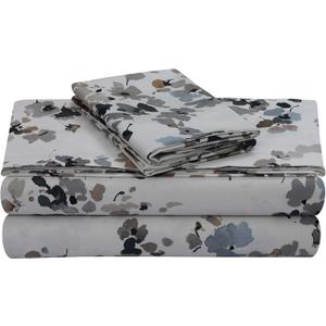 Tribeca Living Queen Bed Sheet Set, 300 Thread Count Soft Cotton Sateen, Floral Print with Extra Deep Pockets, 4-Piece Bedding Set, Lisbon Grey/Multicolor