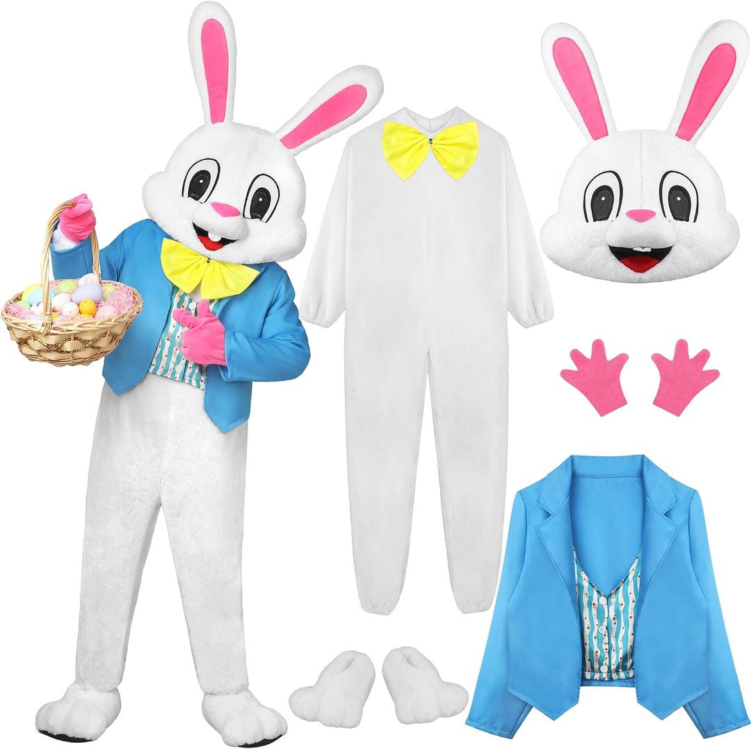 SOMSOC 6 Pieces Easter Bunny Costume Set Adult Rabbit Costume One Piece Suit Waistcoat Bow Tie Shoes Party Favors 3XL