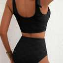 Herseas Women 2 Piece High Waisted Bikini Sets Seashell Textured Tie Strap Swimsuits Bathing Suit Beach Summer Outfits (Black, M)
