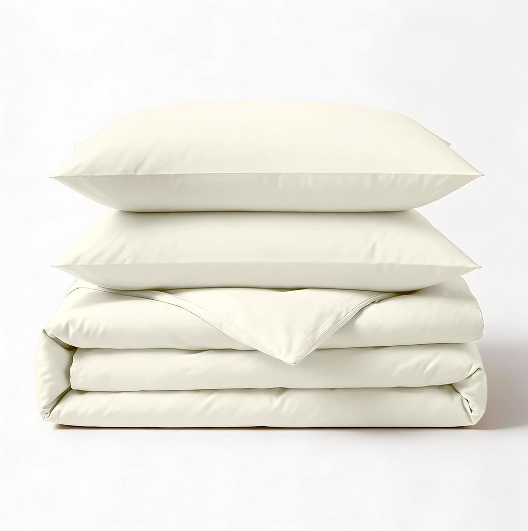 Fabdreams GOTS Certified 100% Organic Cotton Duvet Cover Queen Size - 400 TC Sateen - Soft - Silky - Button Closure - Edge Ties - 1 Duvet Cover (90"x92")+2 Pillow Shams (20"x26") - Ivory