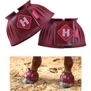 Harrison Howard Rubber Pull-on Bell Boots with Fleece Lining and Touch-Close Tapes Hoof Overreach Protection for Horses (Wine Red)