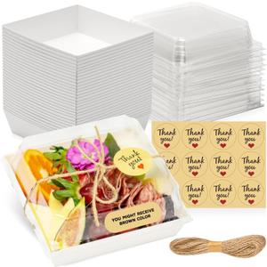 50 Pack Small Charcuterie Boxes with Clear Lids - To Go Paper Mini Charcuterie Box, Disposable Food Containers, 5Inch Dessert Boxes - Sandwich, Cookie, Sushi, Cake Slice, Strawberries (White)