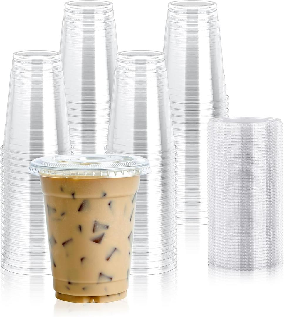 Lilymicky 100 Sets 12 oz Clear Plastic Cups with Flat Lids, 12 oz Disposable Drinking Cups With Lids for Ice Coffee, Smoothie, Slurpee, or Any Cold Drinks